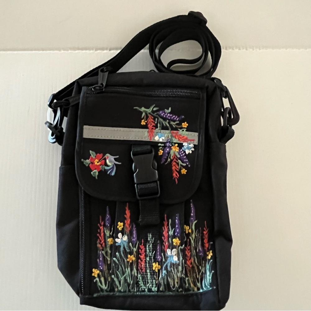 Hand Painted Black Canvas Crossbody With Adjustable Strap and Amazing Storage